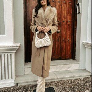 NWT Zara faux fur collar tan belted long coat bloggers fav neutral